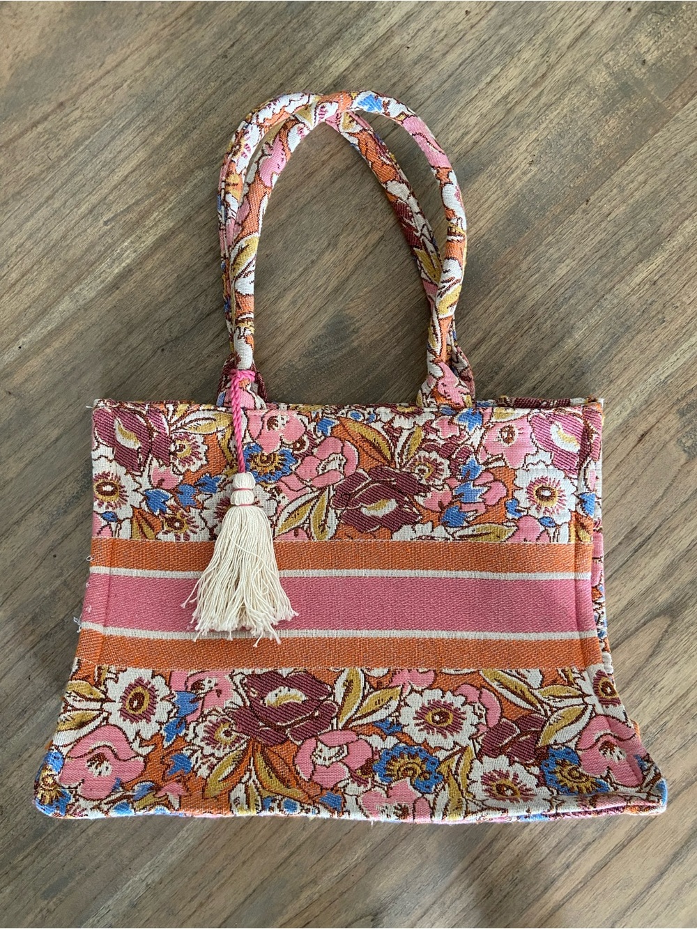 Floral Stripe Canvas Tote with Tassel - Pink & Orange